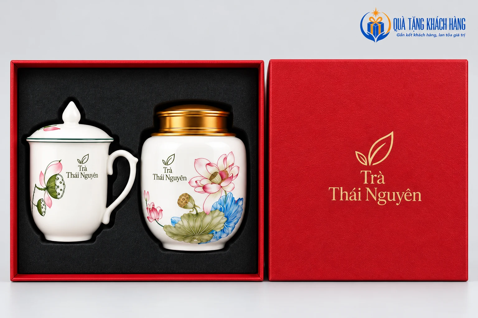 Chi tiết cốc sứ và hũ trà trong hộp