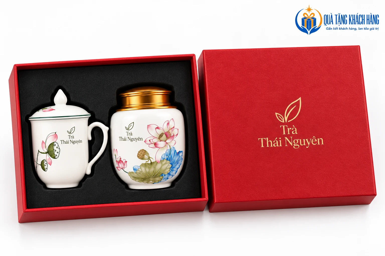Hộp đỏ và khay định hình cho bộ trà cốc
