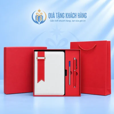Bộ sổ trắng dải đỏ và bút đỏ với hộp túi cùng màu