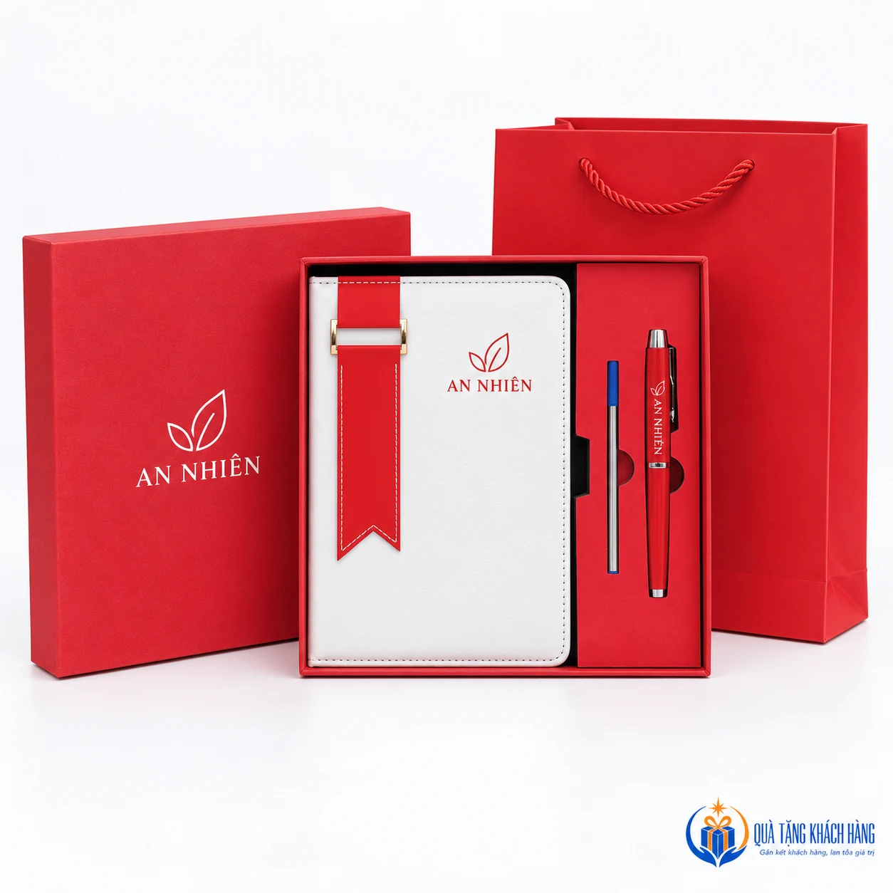Mô phỏng logo AN NHIÊN trên sổ bút và nắp hộp