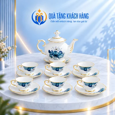 Bộ trà Đài Cát miệng lượn 01 hoa sen xanh viền vàng với sáu tách