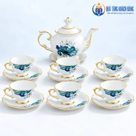 Dáng ấm và sáu tách Đài Cát hoa sen xanh viền vàng