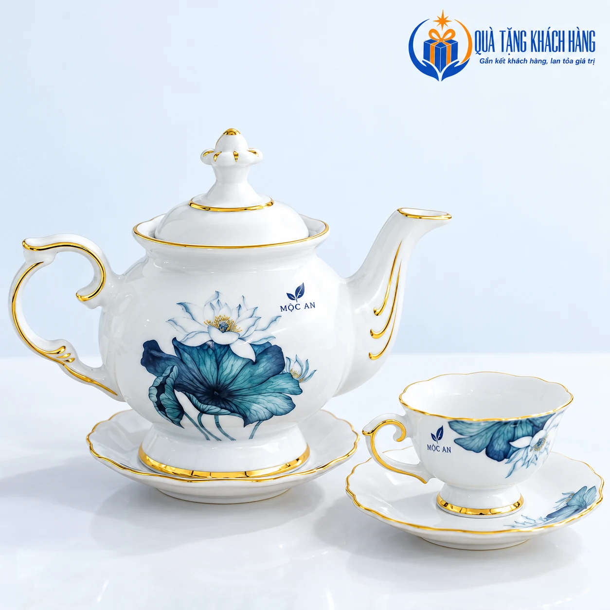 Mô phỏng logo MỘC AN trên vùng trắng của ấm và tách Đài Cát