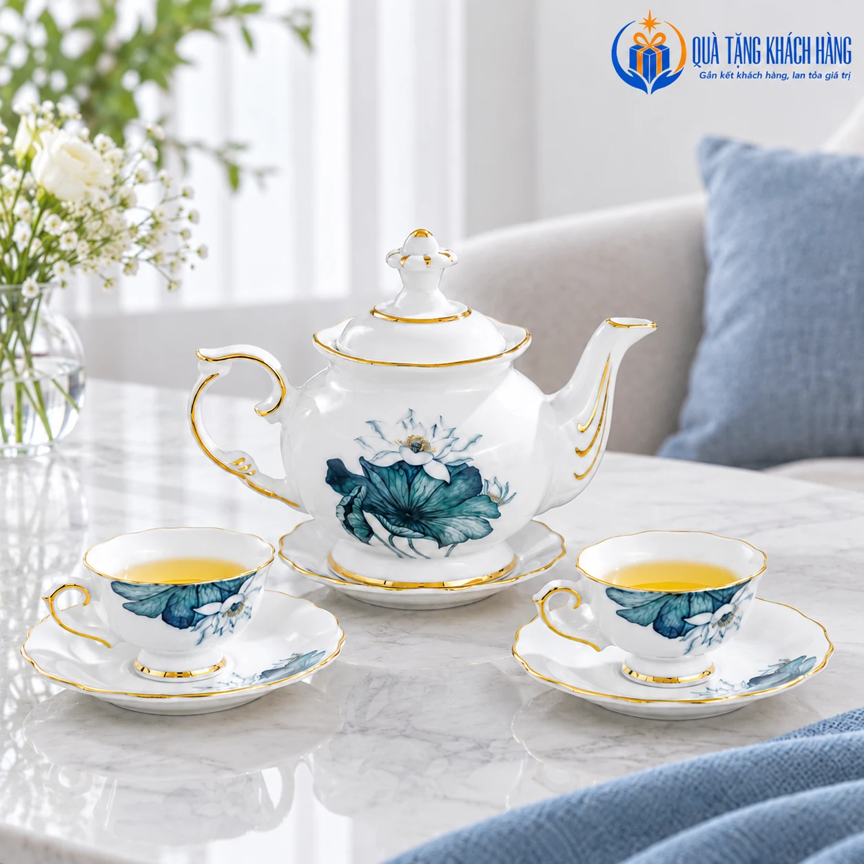 Minh họa Đài Cát sen xanh tại bàn trà gia đình