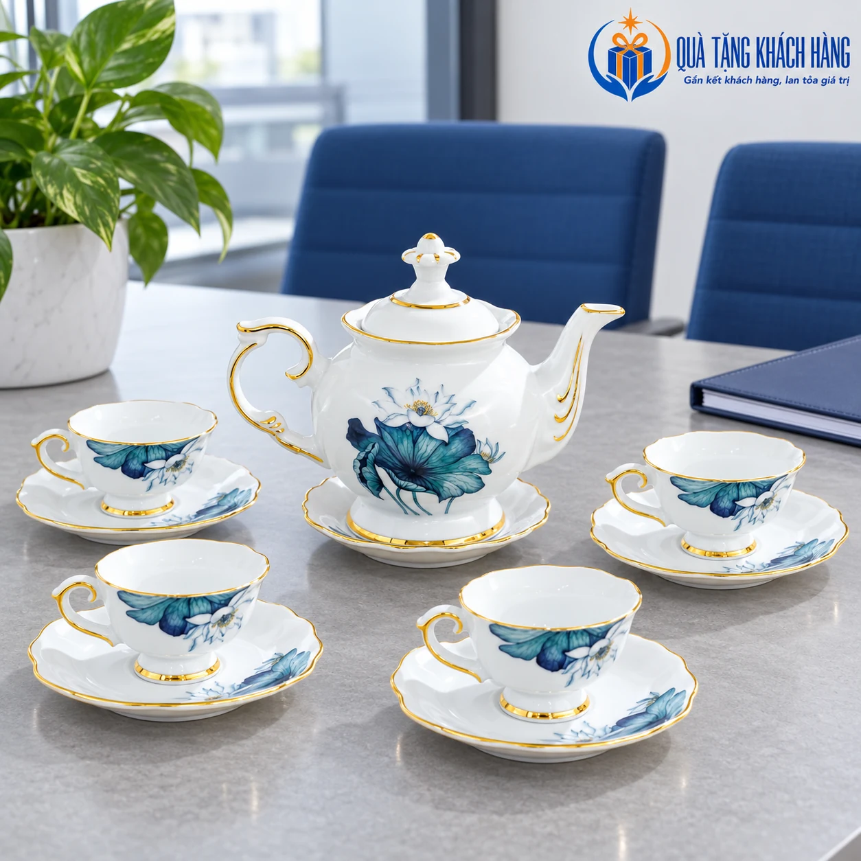 Minh họa bộ Đài Cát sen xanh tại góc tiếp khách với bốn tách