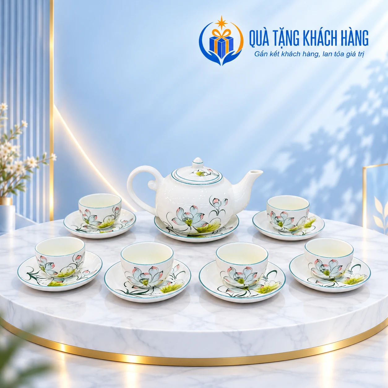 Bộ trà men kem Quả Hồng họa tiết sen với sáu tách không quai
