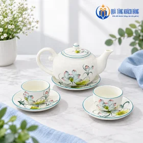 Minh họa bộ men kem Quả Hồng họa tiết sen tại bàn trà gia đình