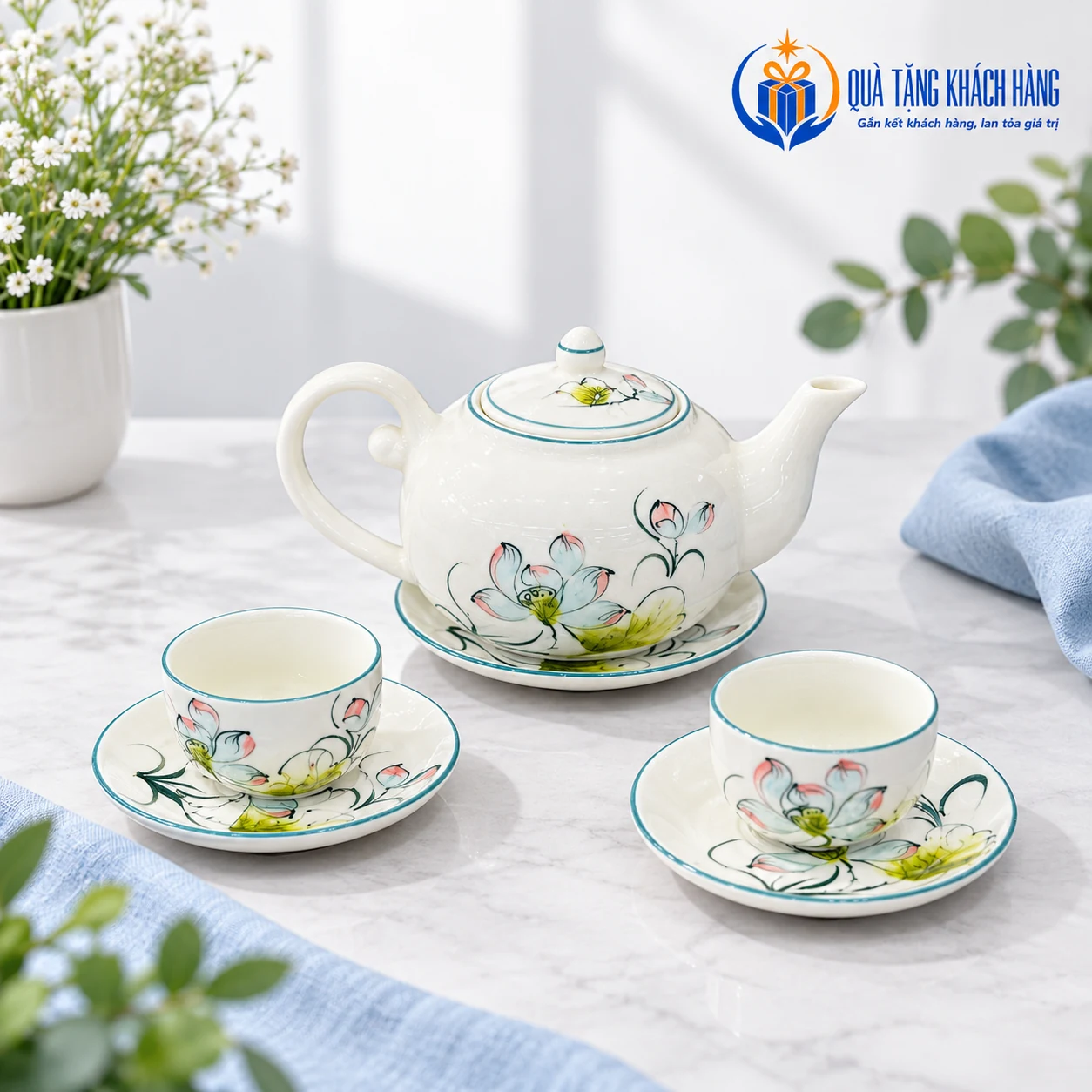 Minh họa bộ men kem Quả Hồng họa tiết sen tại bàn trà gia đình