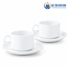 Chi tiết hai tách Jasmine trắng có quai và đĩa lót tròn