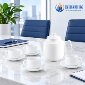 Minh họa ấm Jasmine và bốn cặp tách đĩa trên bàn tiếp khách