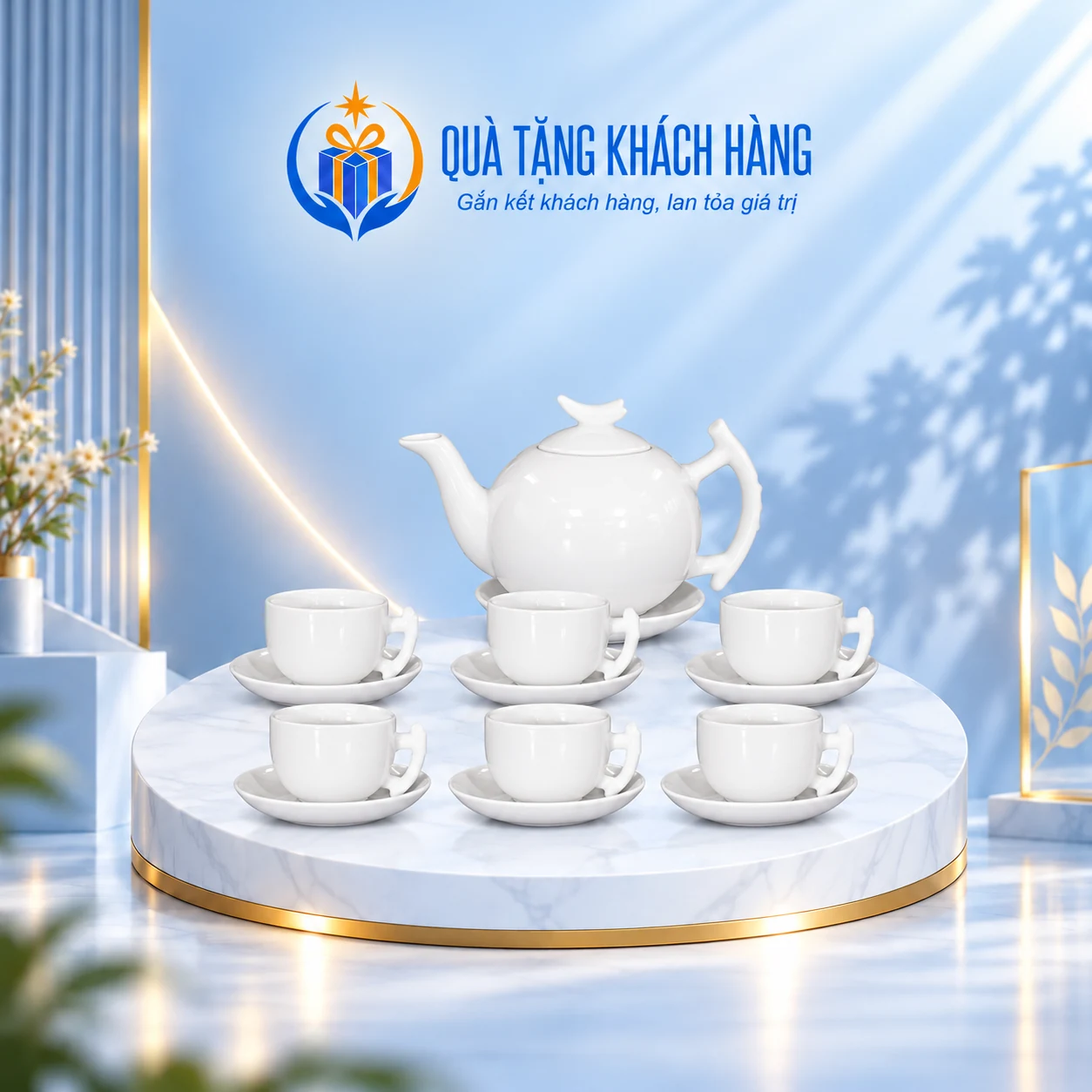 Bố trí bộ trà trắng bưởi cành 03 với sáu tách có quai