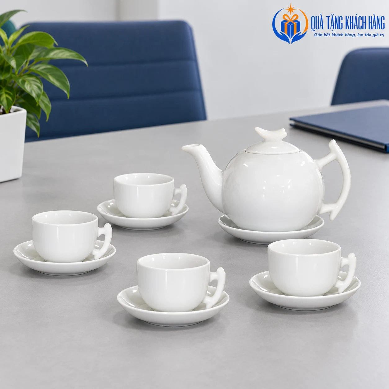 Minh họa bộ bưởi cành 03 tại góc tiếp khách với bốn tách