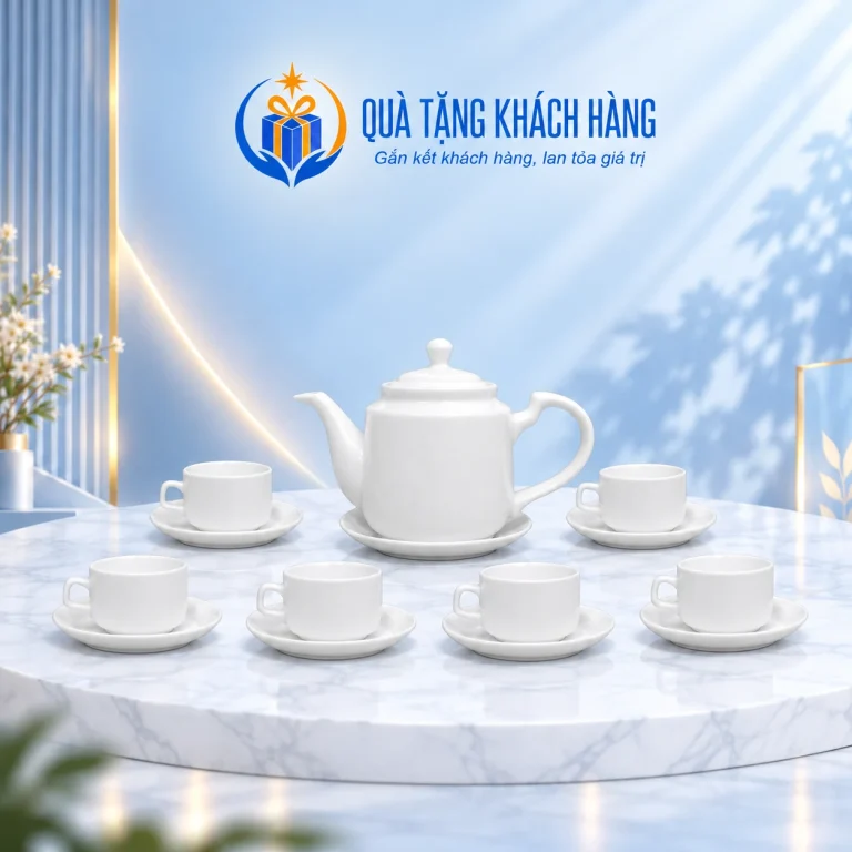 Bộ trà trắng Vuông Thẳng 02 với một ấm và sáu tách