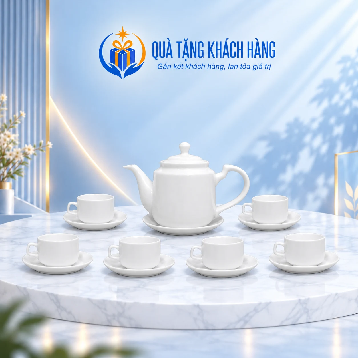 Bộ trà trắng Vuông Thẳng 02 với một ấm và sáu tách