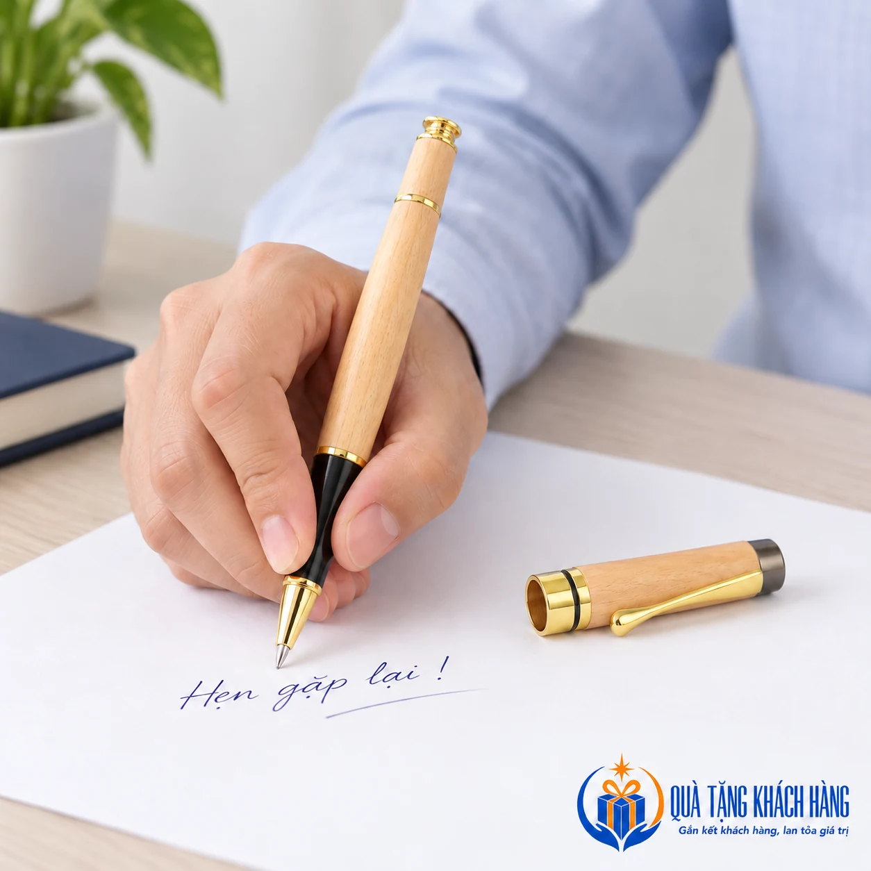 Minh họa dùng bút gỗ để viết lời nhắn