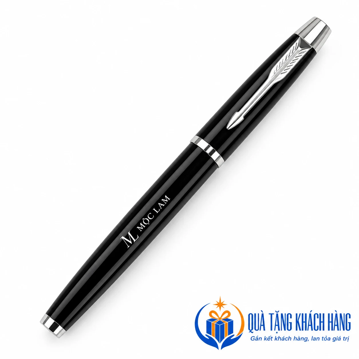Minh họa logo MỘC LAM một màu trên thân bút đen