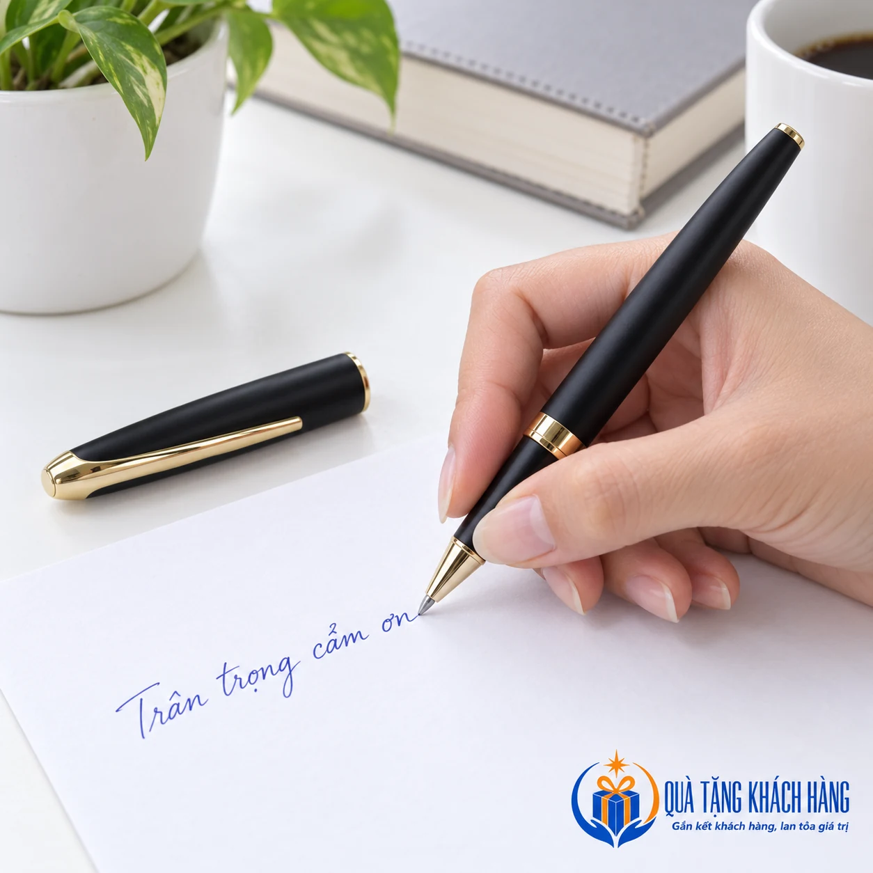 Minh họa viết lời cảm ơn bằng bút đen nhám mở nắp