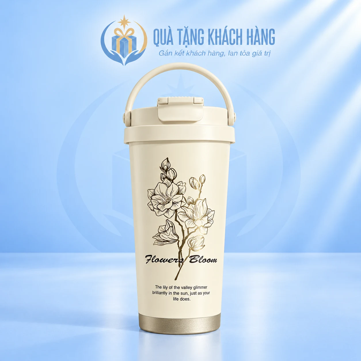 Cốc Flower 500ml hoa nét vàng trên nền thương hiệu