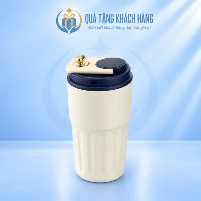 Cốc giữ nhiệt 410ml nắp xanh hiển thị nhiệt độ trên nền thương hiệu