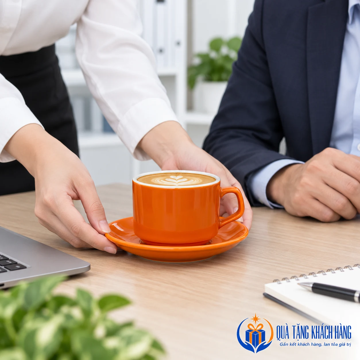 Minh họa phục vụ một bộ cốc cappuccino khi tiếp khách