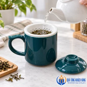 Minh họa pha trà với lọc sứ đặt trong cốc