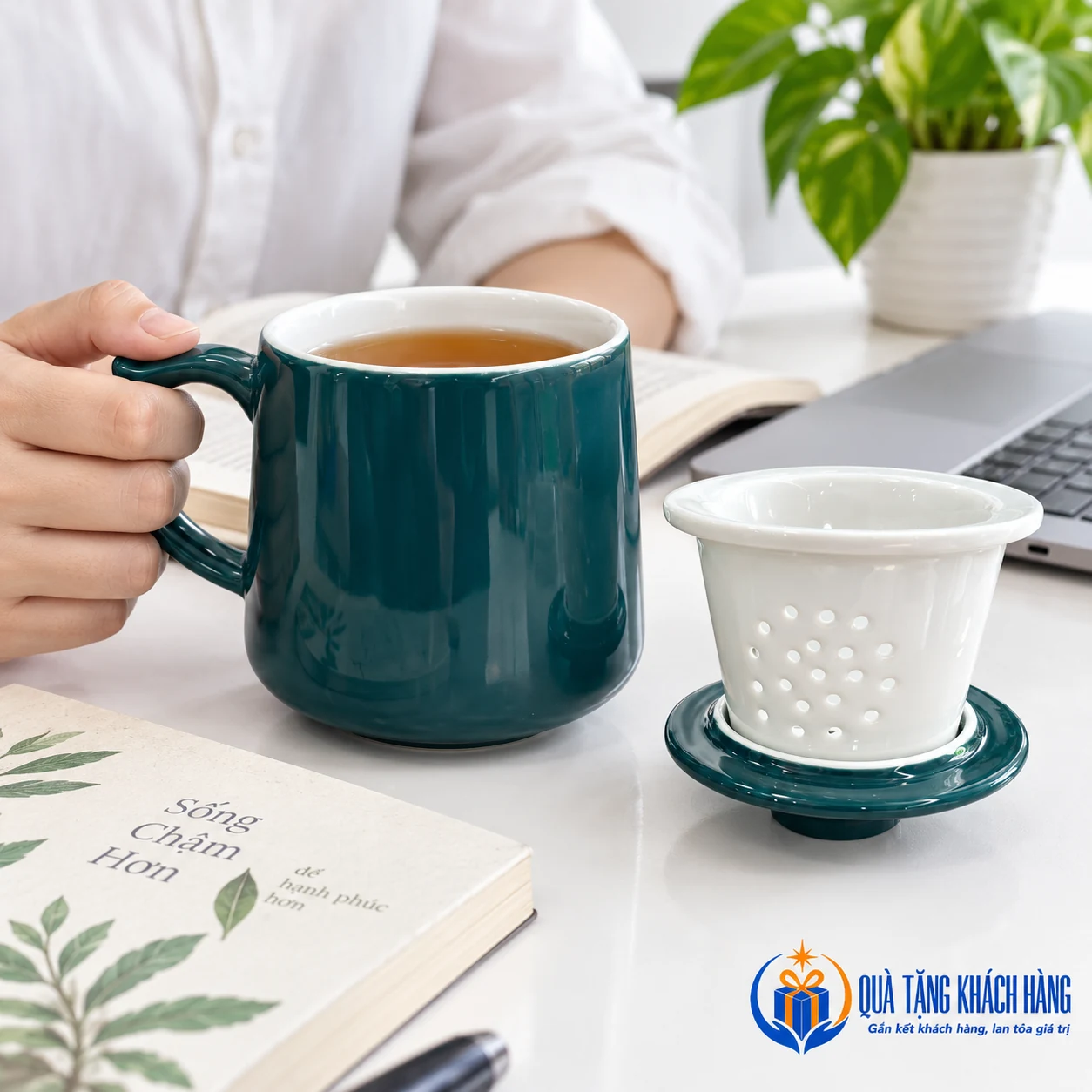 Minh họa dùng trà tại bàn, lọc đặt trên nắp lật