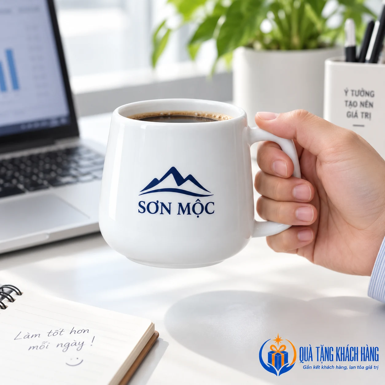 Minh họa dùng cốc sứ trắng tại bàn làm việc