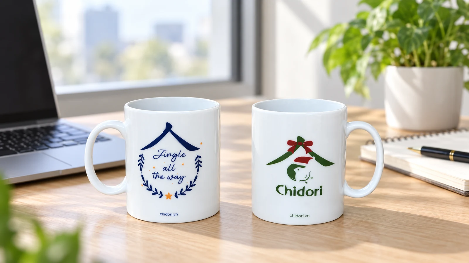 Hai cốc sứ trắng Chidori đặt trên bàn làm việc cạnh laptop và sổ ghi chép.
