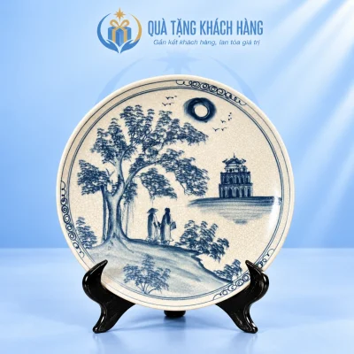 Đĩa lưu niệm men rạn 20cm cảnh tháp bên hồ kèm đế gỗ