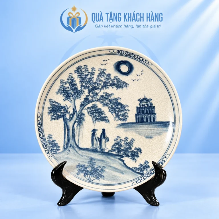Đĩa lưu niệm men rạn 20cm cảnh tháp bên hồ kèm đế gỗ