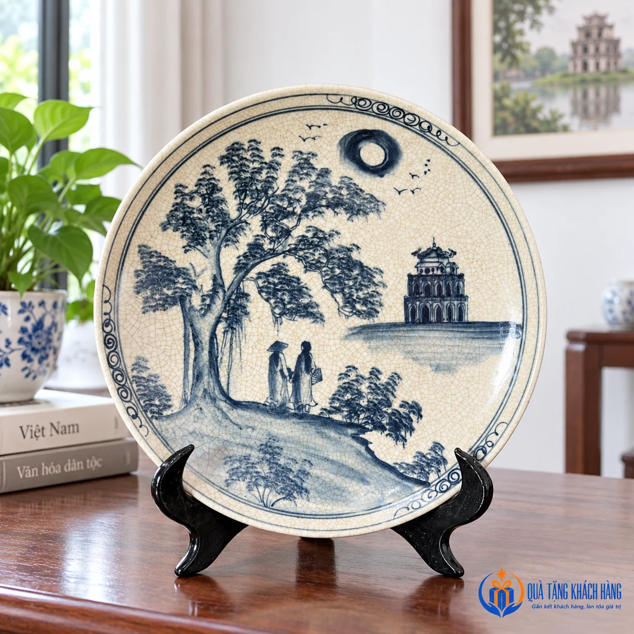 Minh họa trưng bày đĩa men rạn 20cm trong nhà