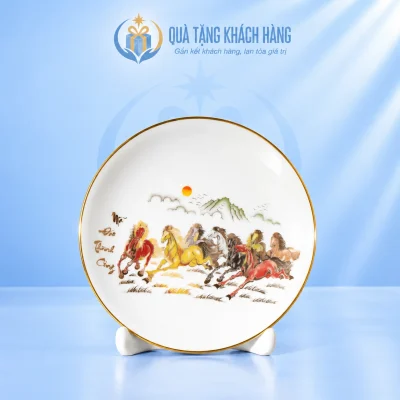 Đĩa lưu niệm sứ 20cm hình Mã đáo thành công kèm đế sứ