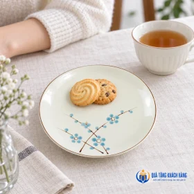 Đĩa hoa xanh 16cm bày bánh trên bàn trà