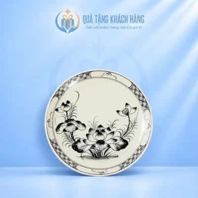 Đĩa sứ vẽ sen cổ 22cm nền men ngà