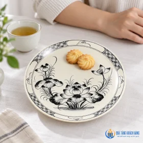 Đĩa sen cổ bày bánh trong góc bàn trà