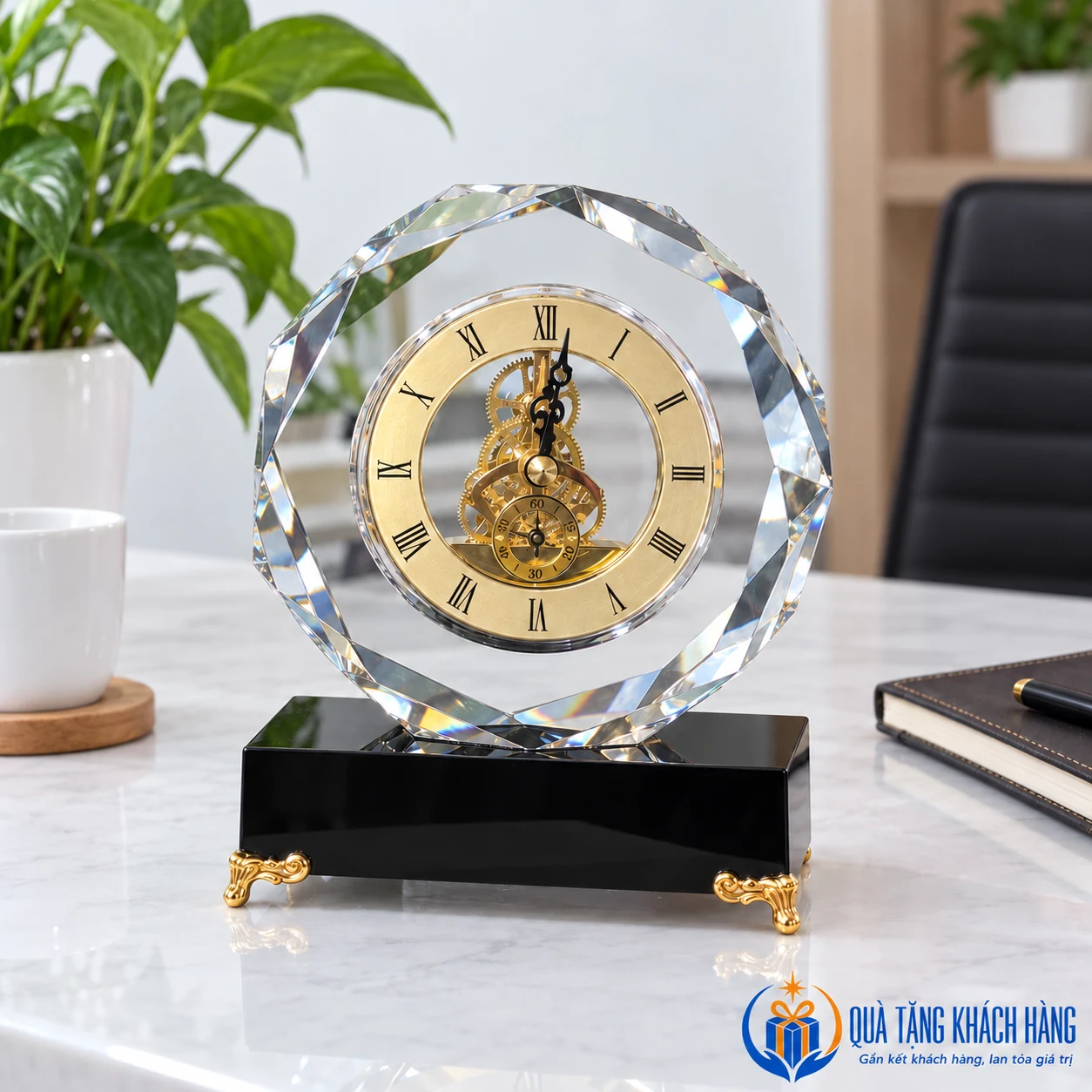 Đồng hồ pha lê PL01 ở góc bàn tiếp khách
