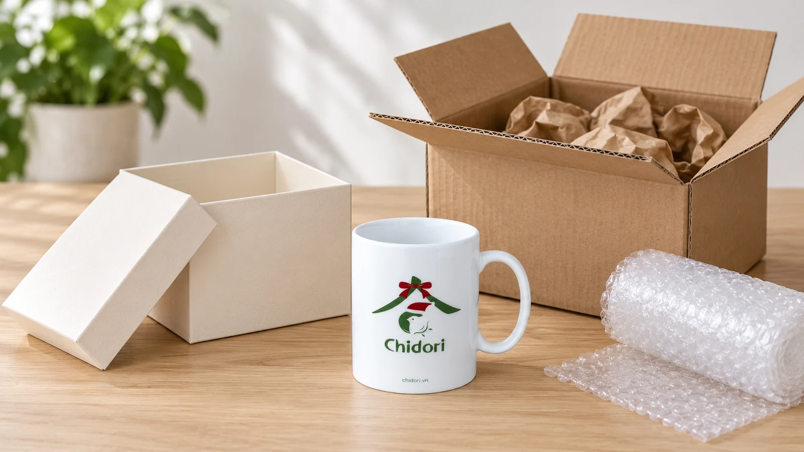 Cốc sứ trắng Chidori đặt giữa hộp quà màu kem và thùng carton có giấy chèn, bên cạnh cuộn bọc chống sốc.