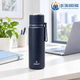 Bình Kalpen AR15 xanh than đứng cạnh máy tính và sổ ở bàn làm việc sáng.