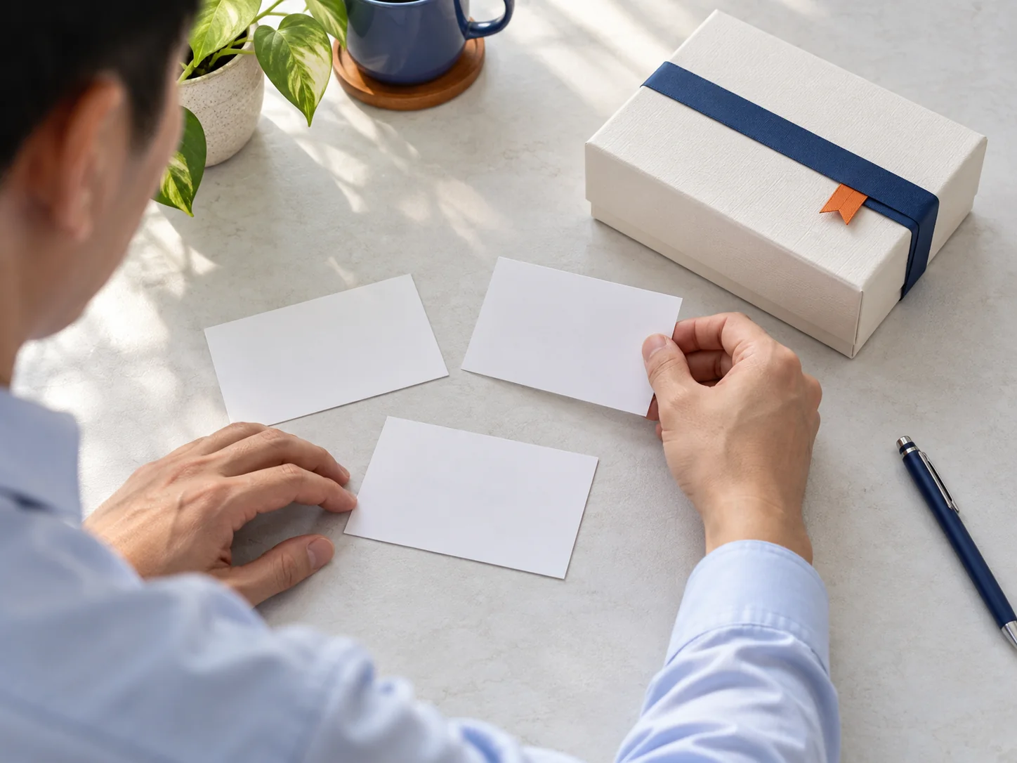 Tay sắp các thẻ người nhận để trống cạnh một hộp quà trên bàn sáng.