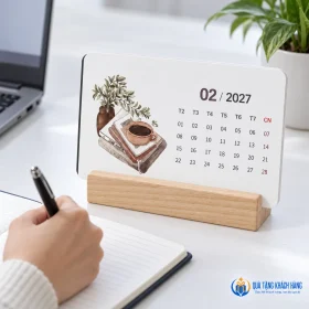 Lịch tháng đặt cạnh sổ tay trên bàn làm việc