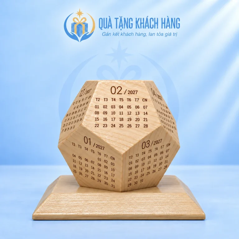 Lịch gỗ đa diện 12 mặt trên đế vuông