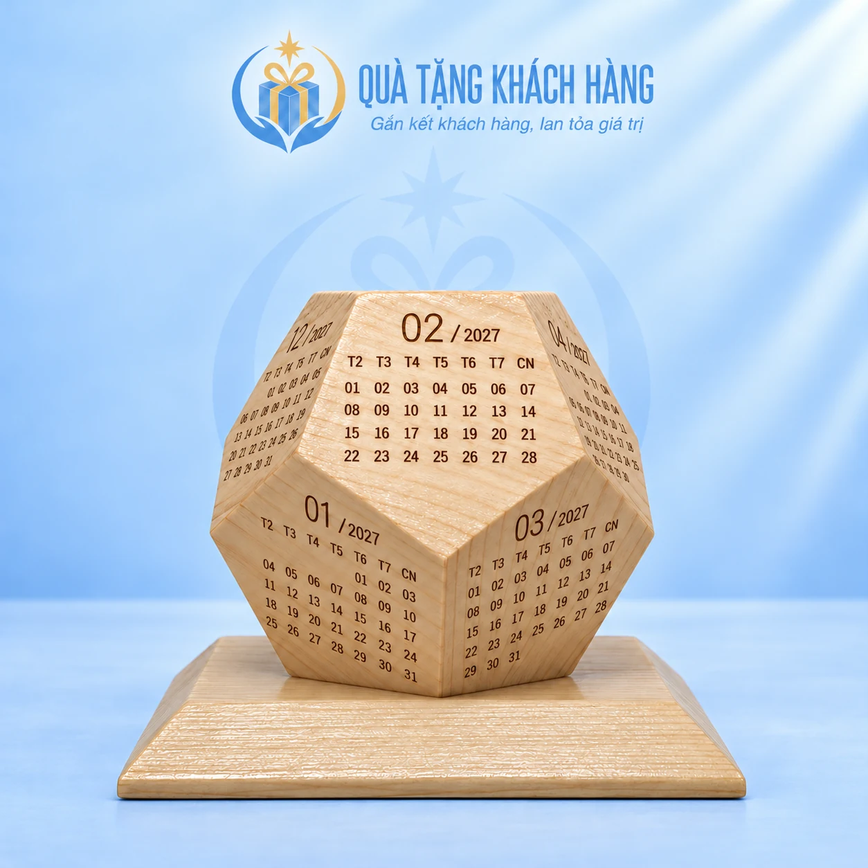 Lịch gỗ đa diện 12 mặt trên đế vuông
