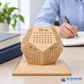 Lịch gỗ đa diện ở góc bàn đọc sách