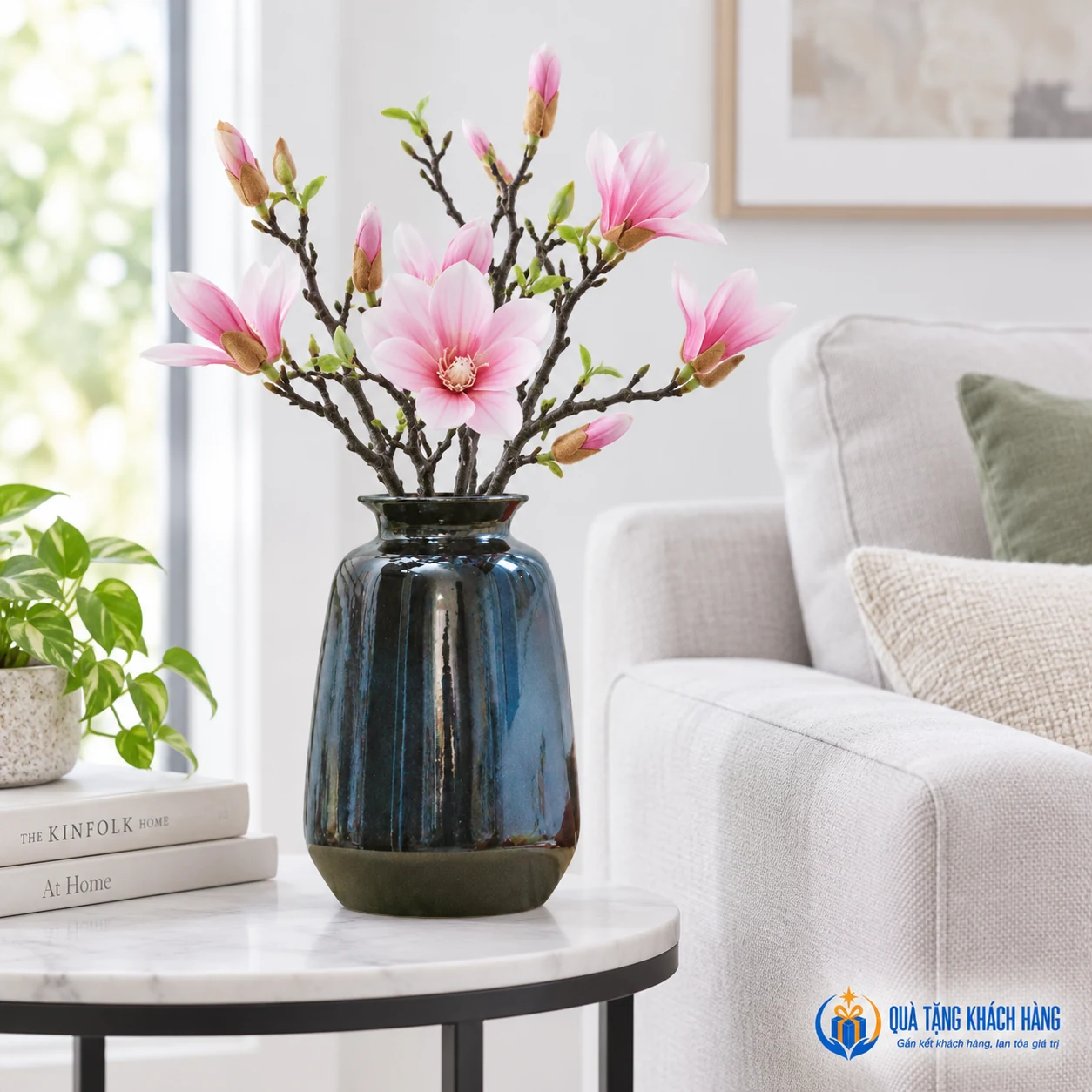 Lọ men xanh phối cành mộc lan ở bàn phụ