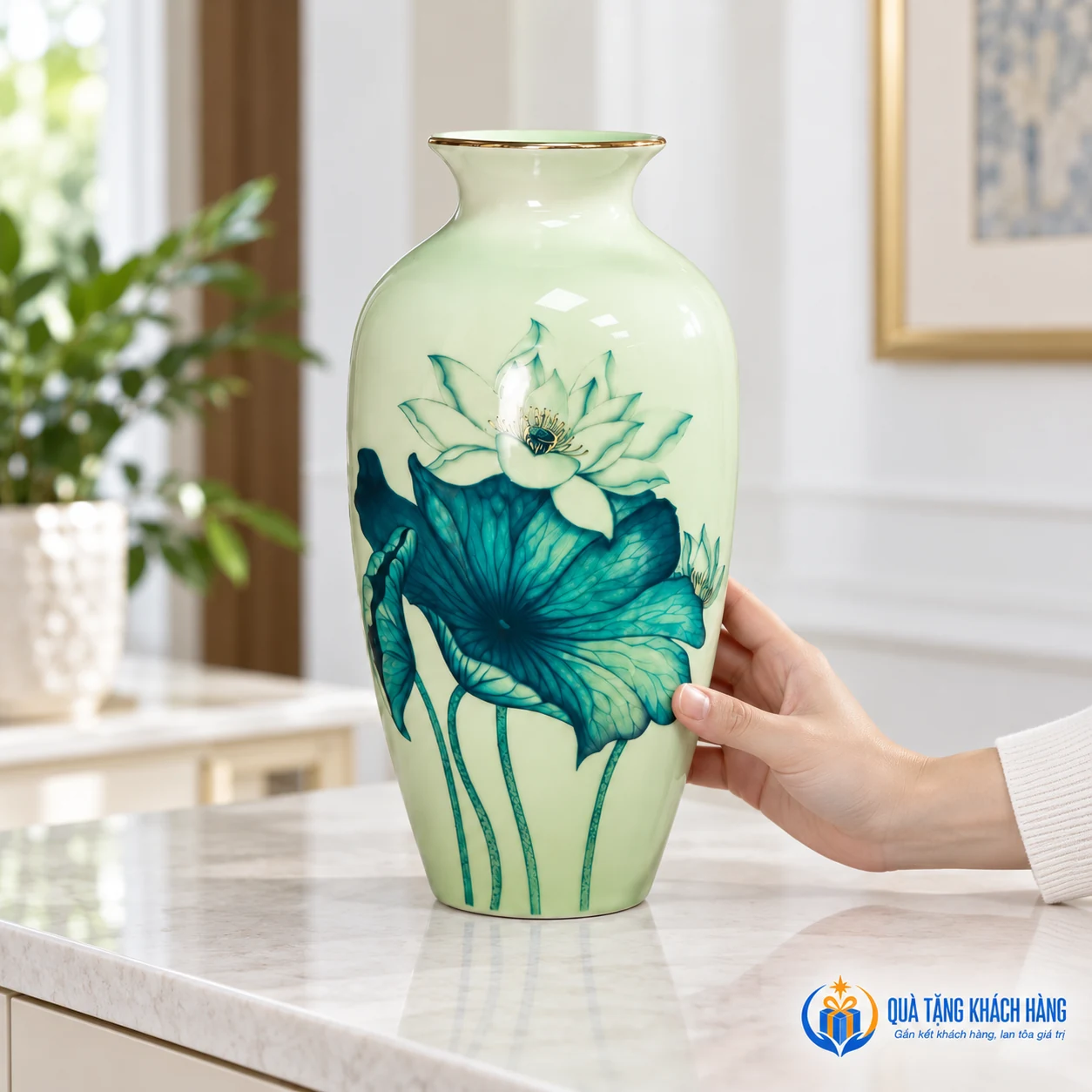 Chỉnh hướng sen xanh trên tủ thấp