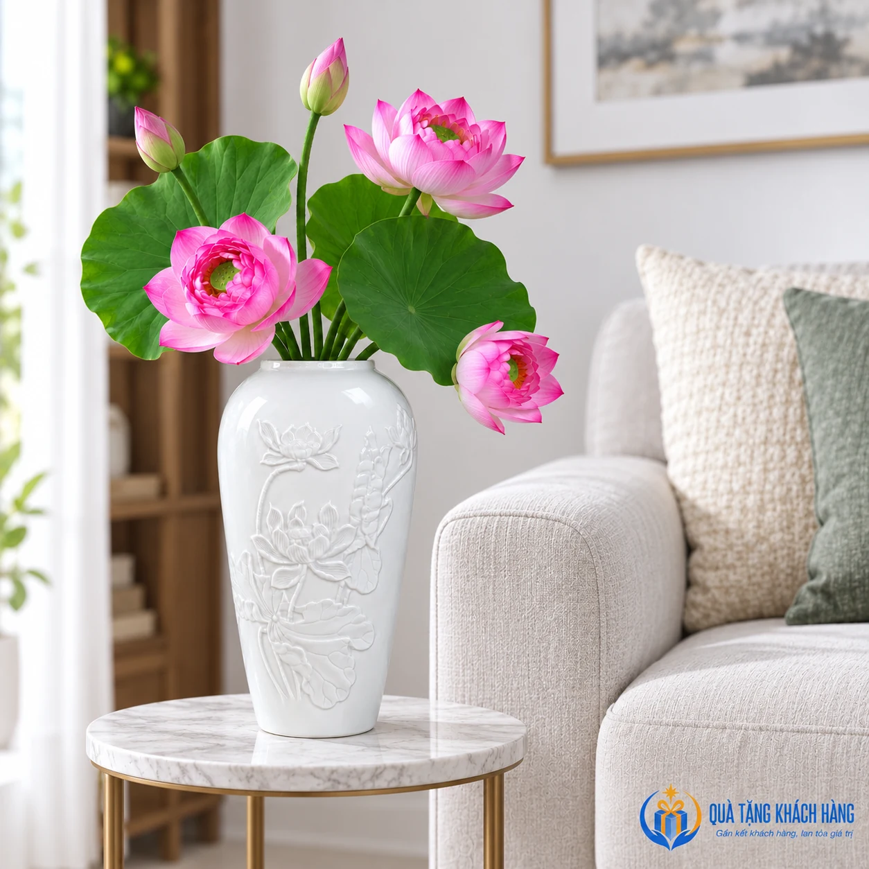 Lọ sen nổi phối hoa ở bàn phụ phòng khách