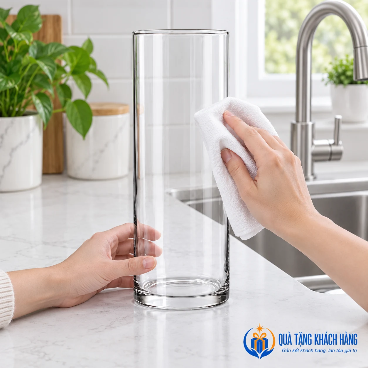 Lau mặt ngoài lọ thủy tinh trước khi bày