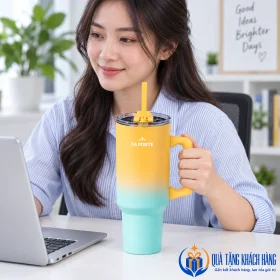 Minh họa dùng ly La Fonte 1200ml tại bàn làm việc