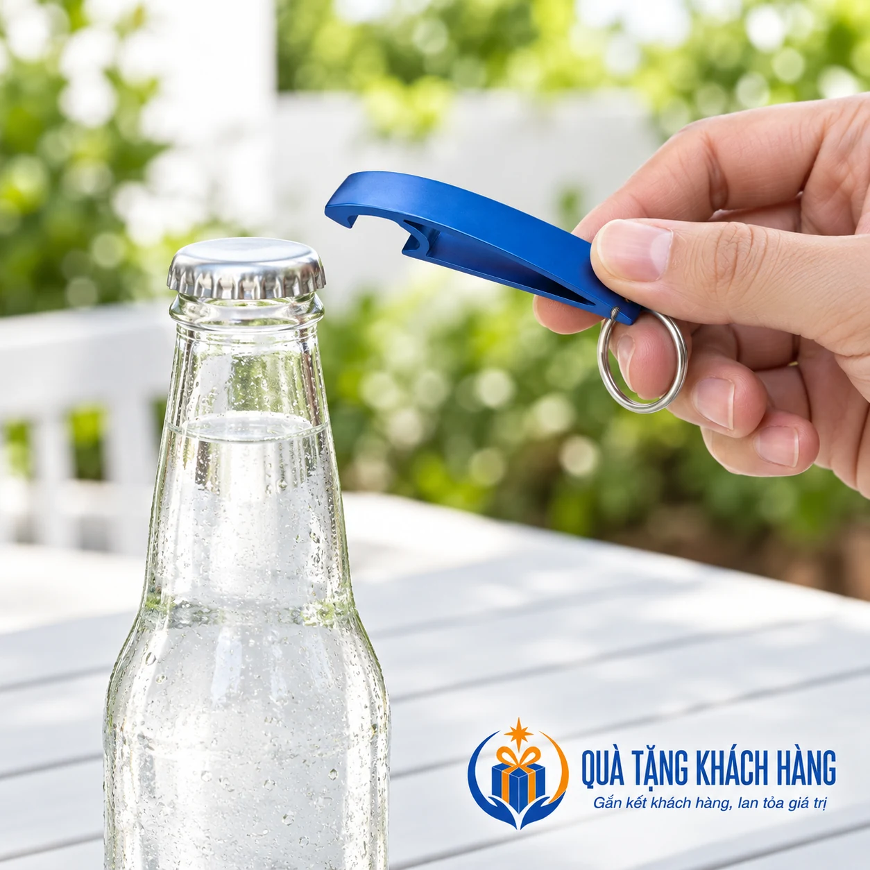 Cầm móc khóa khui bia 02 trước khi dùng minh họa