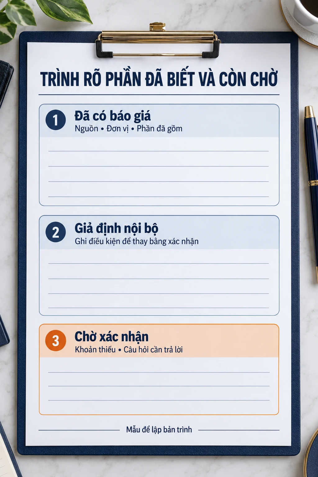 Tài liệu mẫu tách dòng đã có báo giá, giả định nội bộ và phần chờ xác nhận.